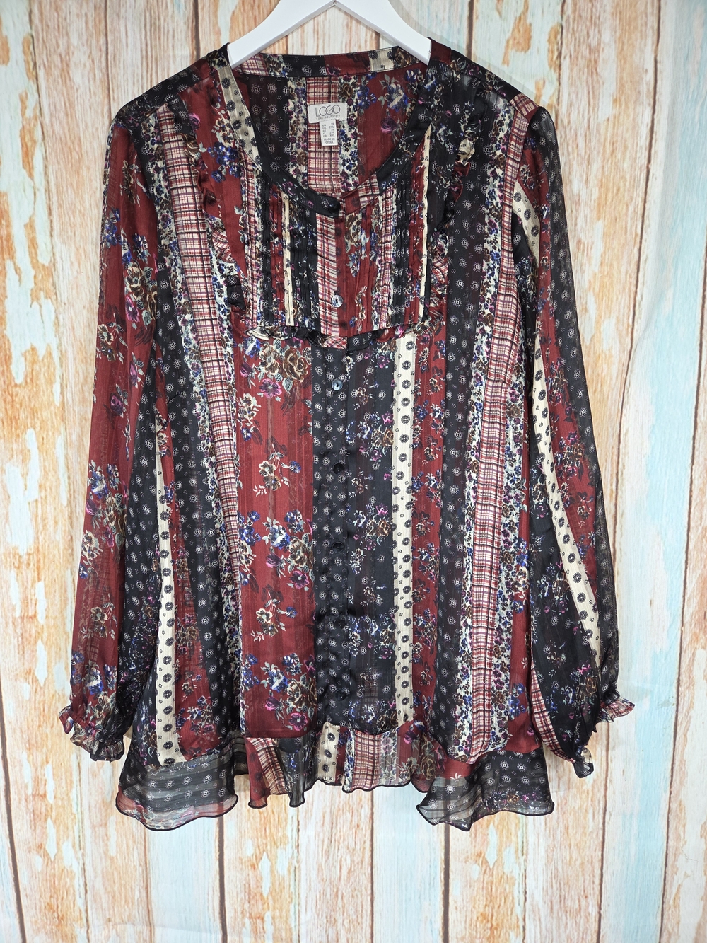 LOGO By Lori Goldstein Top Womens Small  Floral Sheer Long  Sleeve Ruffle